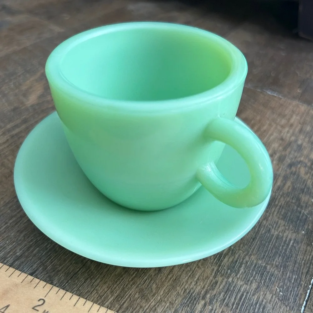 Vtg Fire-King Jadeite Oven Ware C Handle Coffee Cup Saucer Set Heavy Duty Rare